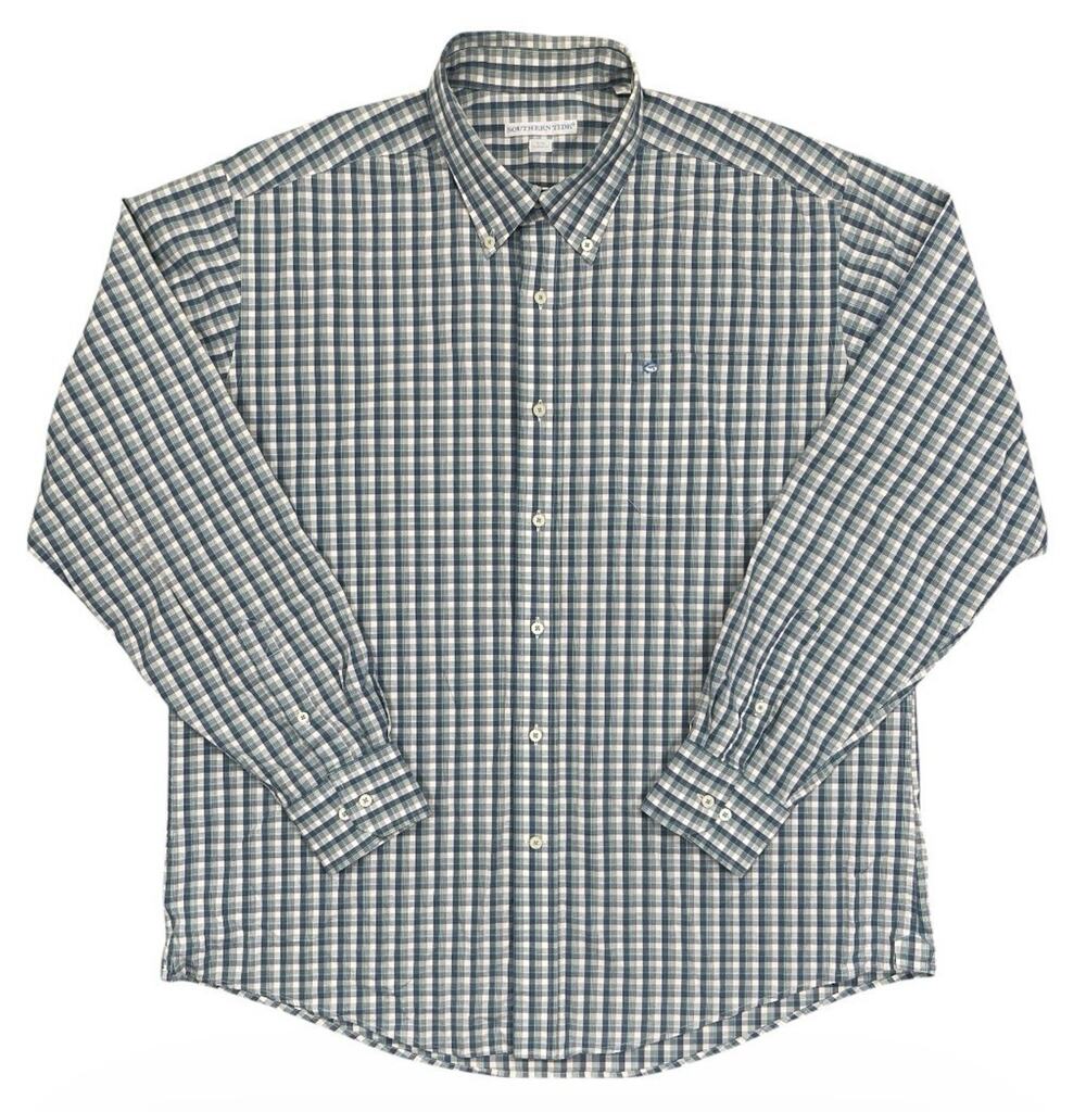 Southern Tide Plaid Long Sleeve Button Up Shirt Blue Green Classic Fit XL